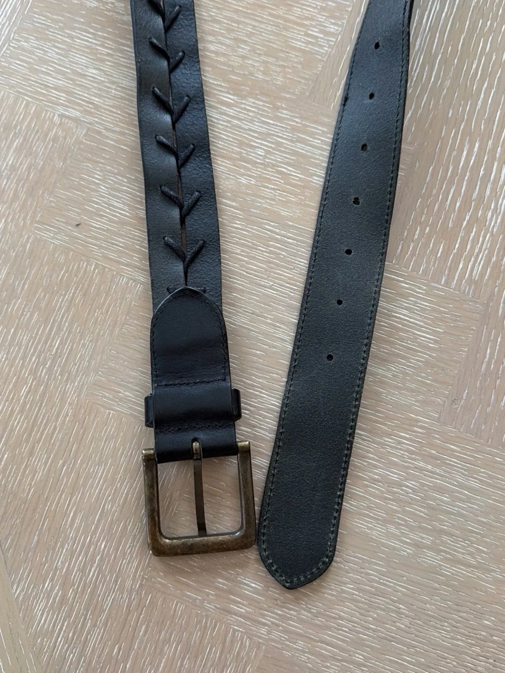 Men's Black Braided Leather Belt with Antique Brass Buckle
